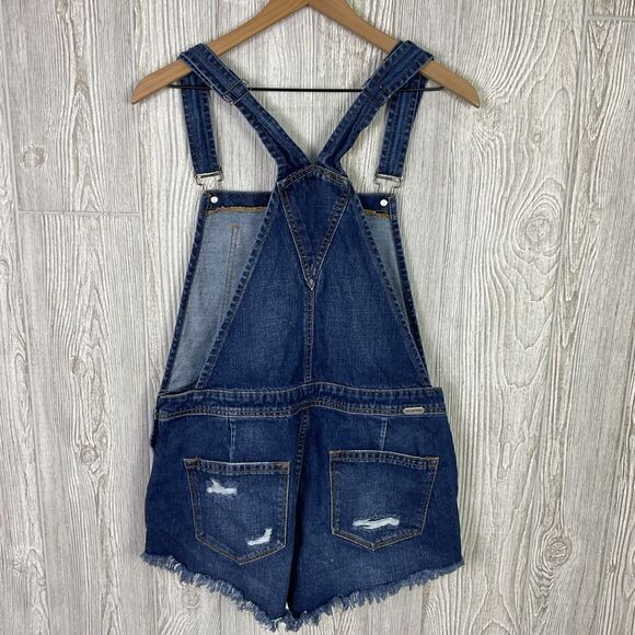 KanCan Easton Mid Rise Overall Shorts Size Large Dark Wash Distressed Pockets KC - Picture 2 of 8